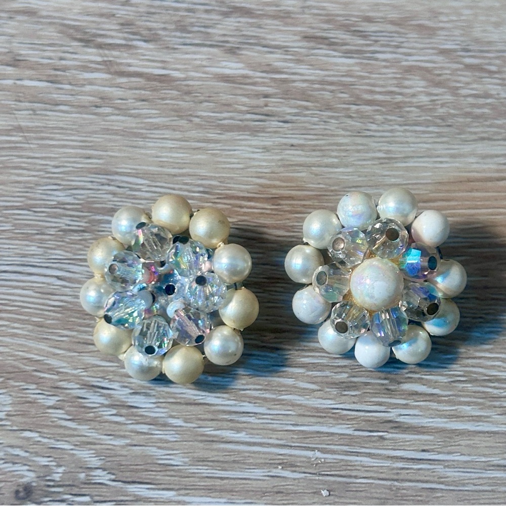 Vintage Faux Pearl & Crystal Clip-On Earrings | Mid-Century Costume Jewelry